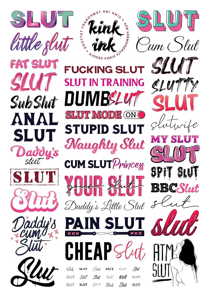 Tattoo Trashy slut full of shaming words written on her body10
